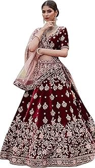 TRENDMALLS Women 's Maroon Velvet Embroidery Sequence Work Bridal Lehenga Choli with Dupatta For Women