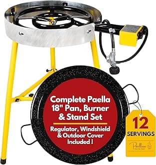 Paella Burner and Stand Set 12 Servings, 18 Inch Paella Pan, Dual Propane Outdoor Stove with Stand & Regulator, Portable Gas Cooker for Camping Crawfish Boil Cooking Outdoor, Paellera Propano