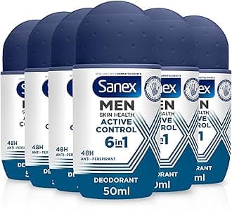 Sanex Men Active Control Antiperspirant Roll-On Deodorant 6x50ml, 48 hour sweat protection, anti-odour, long-lasting dryness, freshness, gentle on skin, antibacterial, 0% alcohol*