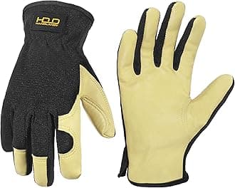HANDLANDY Men Leather Gardening Gloves, Utility Work Gloves for Garden & Building Work, Dexterity & Breathable Construction Gloves (Beige-Black, M)