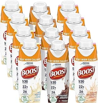 BOOST Very High Calorie Nutritional Drink Variety Pack, 12 Count – 4 Vanilla, 4 Chocolate, 4 Strawberry – 530 Calories per 8 fl oz Bottle, Nutrient-Rich (Variety Pack)