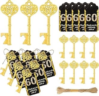 50Pcs 60th Gold Key Bottle Opener - 60th Birthday Party Favors, Anniversary Souvenirs With Thank You Cards