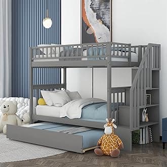 Harper & Bright Designs Twin Over Twin Bunk Bed with Trundle and Storage Shelf, Wooden Bunk Bed Frame with Stairway for Kids Teens Adults, Grey