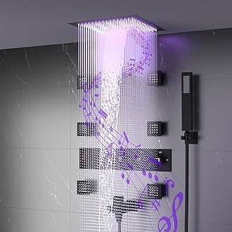 Thermostatic Shower System,Waterfall Rainfall Smart Shower System with Handheld and Body Jets, Luxury Full Body Shower System Ceiling Mount with LED Light & Music (16 INCH, BLACK)