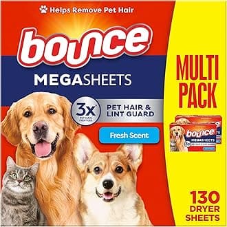 Bounce Pet Hair and Lint Guard Mega Dryer Sheets with 3X Pet Hair Fighters, Fresh Scent, 130 Count