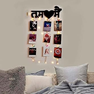 VAH Wooden Photo Frame with LED Light - photo wall hanging, memories wall hanging, hanging photo frames for wall decoration, moments wall hanging, photos hanging for wall decoration, photo frames with light (Tu and Mai With Light)