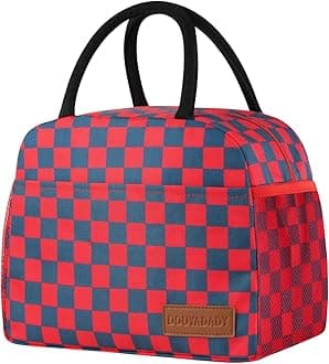 Lunch Bag Women/Men Lunch Box Women/Men (Dark blue+Red Checkerboard)