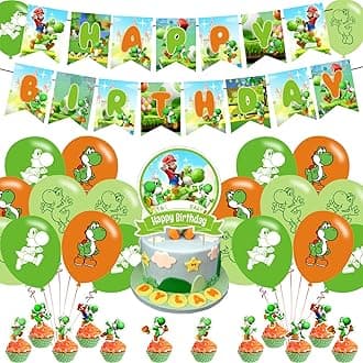 Yoshi Birthday Party Supplies - Mario Yoshi Decorations Pack with Banner, Cake Topper, 18 Balloons, 12 Cupcake Toppers - Red, Green