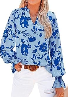 MASCOMODA Womens V Neck Floral Long Sleeve Tops 2026 Summer Casual Loose Puff Sleeve Chiffon Boho Work Blouse Dressy T Shirts