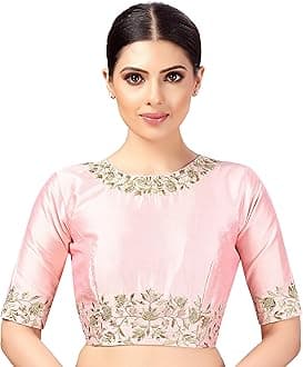 Studio Shringaar Women's Polyester Elbow Length Sleeves Art Silk Embroidered Saree Blouse