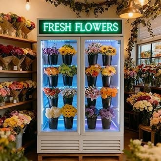 Commercial Flower Refrigerator Floral Display Cooler,White 2 Glass Doors Fridge With LED Light Adjustable Shelves,ETLSanitation Approval,42.5Cu Ft,47.2" Wide, Wheels Included