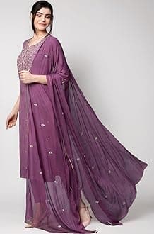 GoSriKi Women’s Cotton Blend Embroidered Kurta Set with Pant & Dupatta – Straight Calf‑Length, 3/4 Sleeve, Round Neck – Elegant Ethnic Attire (5 Colors, S–5XL)