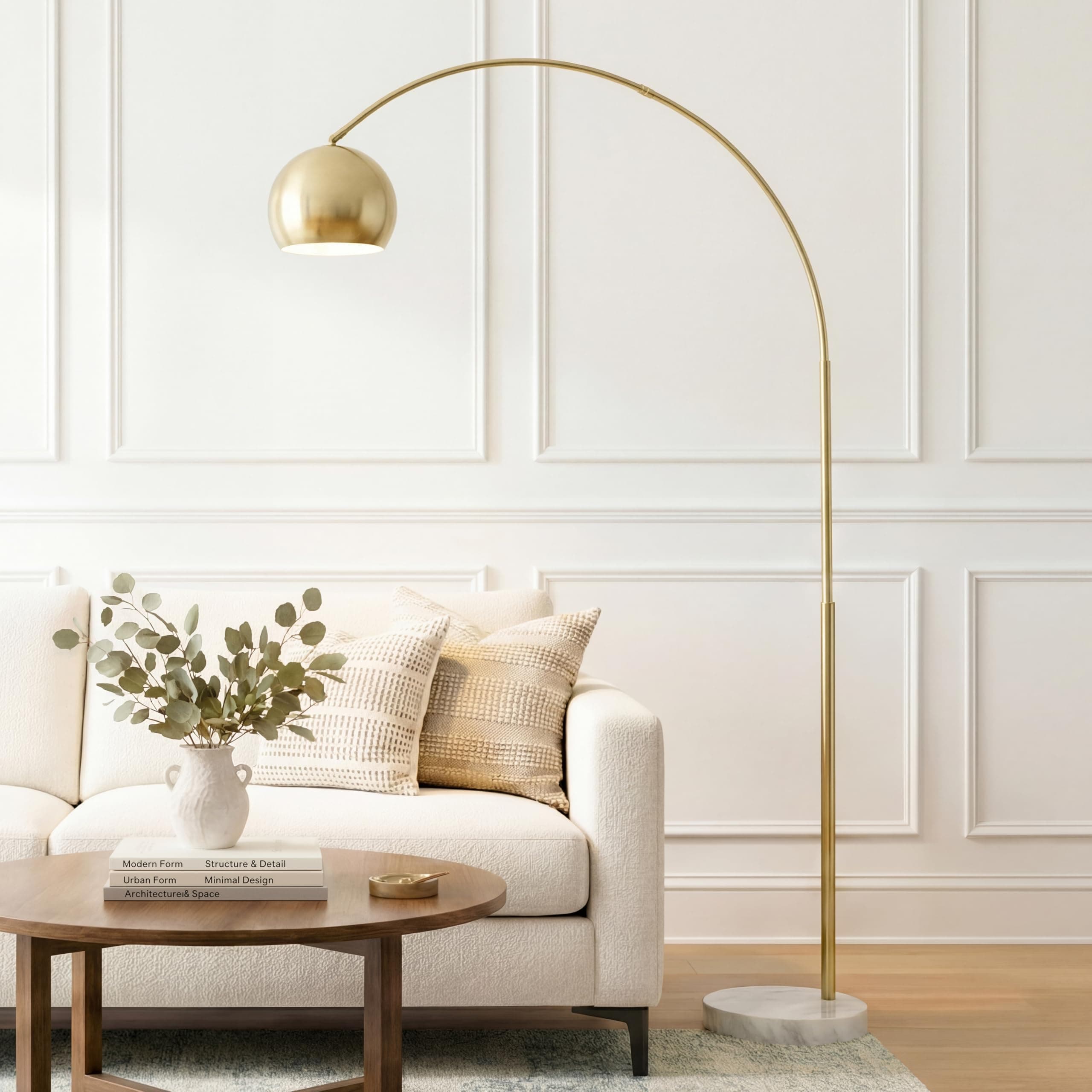Olivia Floor Lamp - Chic Arc Lamp with Rounded Spolight Head and Marble Base for Living Room, Tall Standing Lamp with LED Light Bulb for Bedroom Reading, Boho Home Decor for Office - Brass