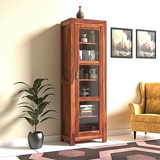 Solid Sheesham Wood Natural Book Shelf, Showcase Glass Door Crockery Storage Unit Or Bookcase, 6-Shelf Wooden Book Rack, Display Cabinet Furniture for Home, Kitchen & Library Areas