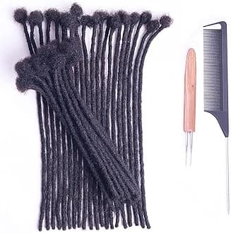ADIASAI 0.4cm Width 12 Inch 60 Strands 100% Human Hair Loc Extensions, Full Handmade Dreadlock Extensions for Men Women Kids Can Be Dyed and Bleached with Needle and Comb Unprocessed Natural Black
