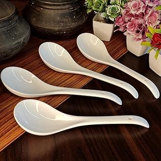 Ceramic Serving Spoon Set of 4, Long Handled, White, Modern Style, BPA Free, Dishwasher Safe