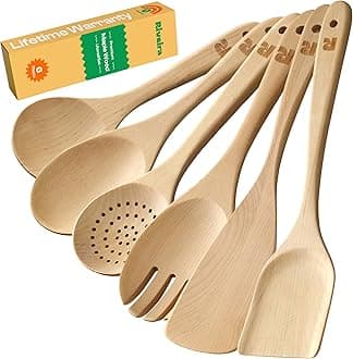 Riveira Maple Wooden Spoons for Cooking Set of 6 – Natural Maple Wooden Cooking Utensils, Wooden Spatula, Wooden Spoon - Premium Quality Wooden Utensil Set for Non-Toxic Cooking
