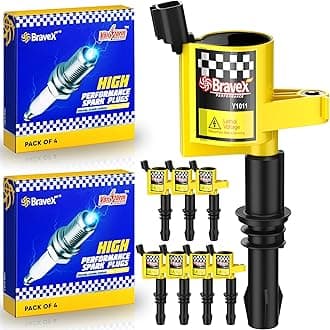 BravexIgnition Coil Pack DG511 & Spark Plugs SP515 SP546 Compatible with Ford Expedition F150 F250 Super Duty Lincoln 5.4L V8 3L3E12A366CA C1541 FD508 UF537 Set of 8 Yellow(15% More Energy)