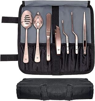 DOJA Barcelona | Chef Plating tools culinary set | COPPER | 7 Professional cooking Utensils | 3 kitchen tweezers Drawing Pencil Spoon Fish tongs Spatula Slotted spoon | Modernist cuisine food art