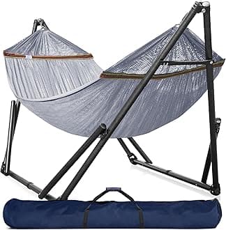 Tranquillo Universal Double Hammock with Stand Included for 2 Persons/Foldable Hammock Stand 600 lbs Capacity Portable Case - Inhouse, Outdoor, Camping, Grey