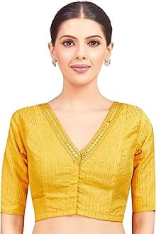 Studio Shringaar Women's Readymade Polyester Elbow Length Sleeves Saree Blouse with Mirror Work