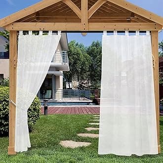 Heavyoff Outdoor Curtain for Patio, White Linen Look Semi-Sheer Curtains Waterproof Gazebo Curtains Detachable Sticky Tab Top for Pergola Balcony Pool Indoor 2 Panels, W52 x L84