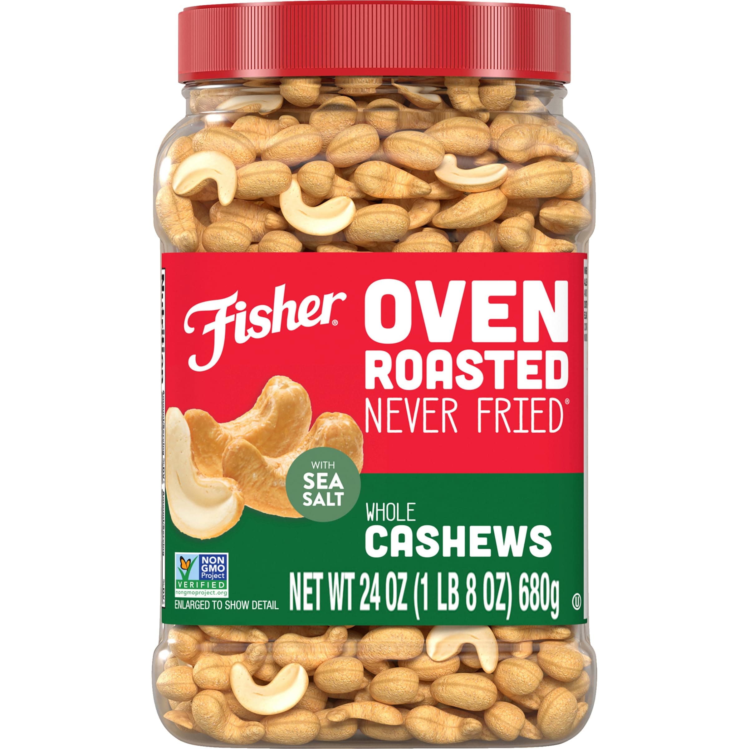 Fisher Oven Roasted Never Fried Whole Cashews, 24 Ounces (Pack of 1), Snacks for Adults, Made With Sea Salt, No Added Oils, Artificial Ingredients or Preservatives, Gluten Free, Vegan Protein, Bulk