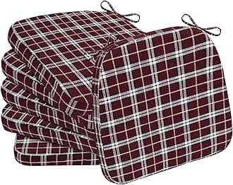 AAAAAcessories D-Shaped Chair Cushions, 2" Thick Dining Chair Pads with Ties and Removable, Machine-Washable Cover, 17" x 16", Set of 6, Red Checkered