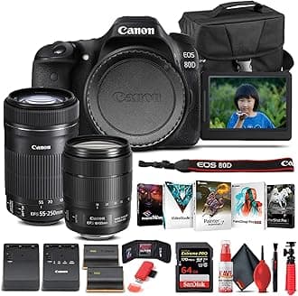 Canon EOS 80D DSLR Camera with 18-135mm Lens (1263C006) + EF-S 55-250mm Lens + 64GB Memory Card + Case + Corel Photo Software + LPE6 Battery + External Charger + Card Reader + More
