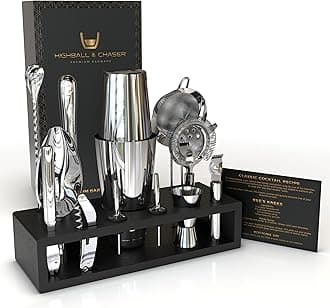 Highball Chaser 13-Piece Boston Cocktail Shaker Set - Stainless Steel Mixology Bartender Kit With Stand - Laser Engraved Tools + E-Book with 30 Cocktail Recipes