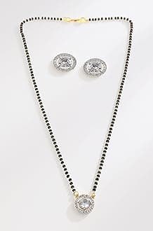 Jewar Mandi Mangalsutra Black Crystal Beads Chain Wedding Bridal Ad Cz Color Stones Two-Tone Silver Gold Plated Pendant Tanmaniyam Jewelry With Earrings For Women
