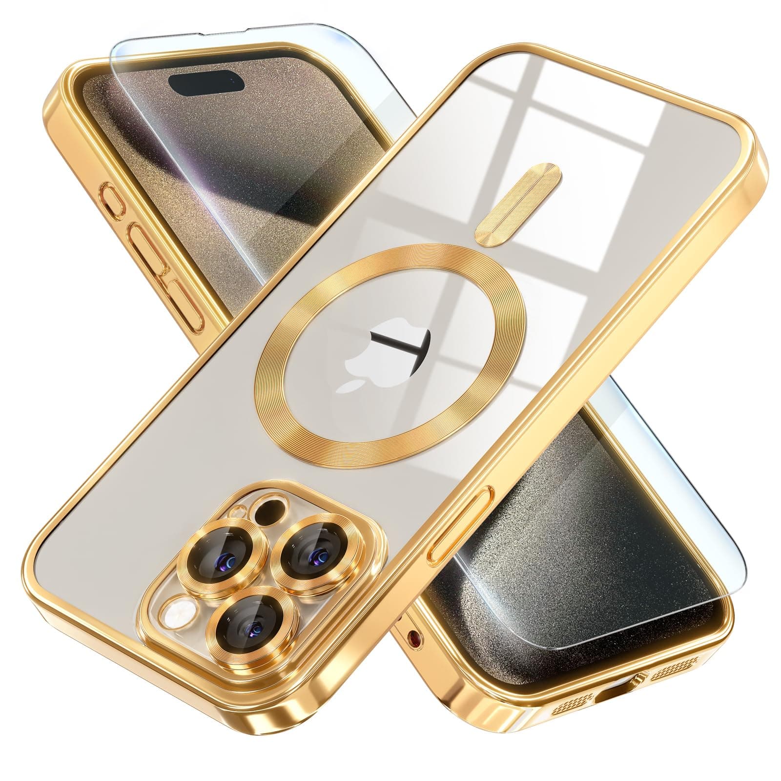 Misea Magnetic for iPhone 15 Pro Max Case with MagSafe [Never Yellowing] [Military Grade Drop Protection] Full Camera Lens Protector Plating Soft Clear Phone Case for Women Girls, Gold