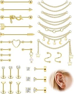 REVOLIA Surgical Steel Industrial Barbell Earrings with Chain for Women Dangle Cartilage Earring Studs Cartilage Helix Tragus Daith Industrial Piercing Jewelry Set
