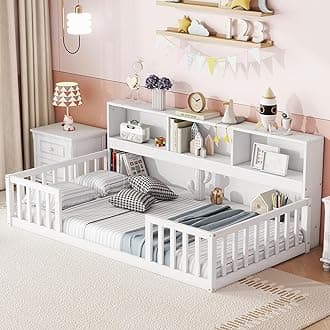 Kids Montessori Floor Bed Twin Size, Floor Bed Frame with Bookcase and Shelves for Kids Boys Girls,Twin,White