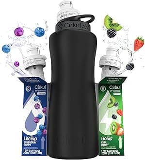 32oz. Matte Black Stainless Steel Water Bottle Starter Kit with Black Lid and 2 Flavor Cartridges (1 LifeSip Blueberry Grape, 1 GoSip Kiwi Berry) No Sugar, Zero Calorie Drink Mix