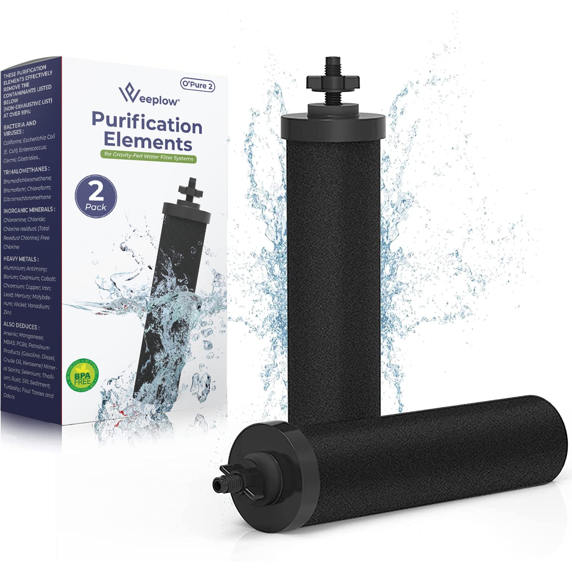 O'Pure - 2 Filters for Gravity Water Filter Systems Compatible with Weeplow, Berkey, Berkefeld, Doulton Filtration Systems, Reduces Contaminants by 99.99%
