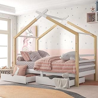 Wooden House Bed With Two Storage Drawers for Kids, Solid Pine Wood Cabin Frame, 3ft Single Tree House Canopy for Boys & Girls, 190x90 cm, Natural+White