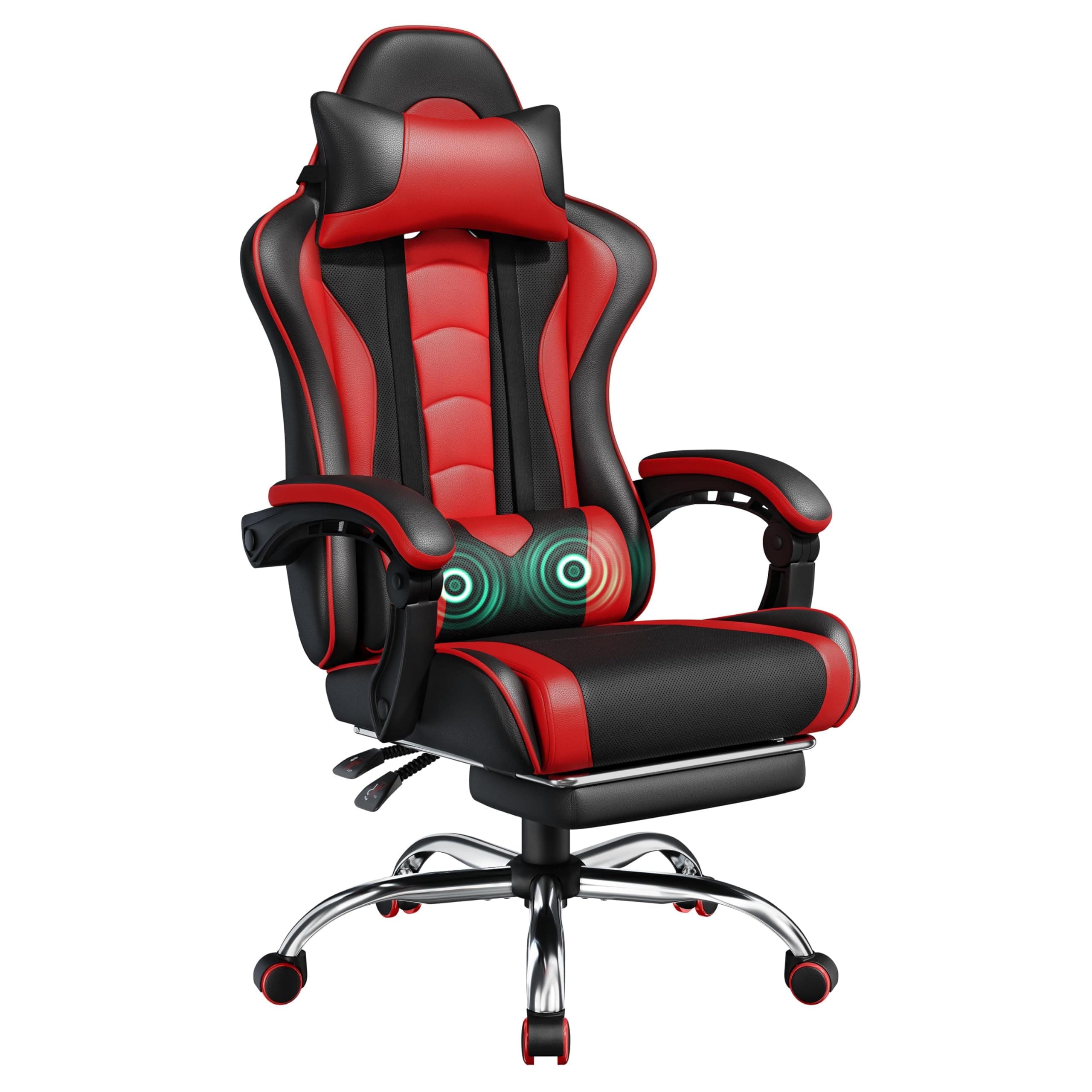 Gaming Chair, Video Game Chair with Massage Lumbar Support and Footrest Height Adjustable Ergonomic Computer Chair with Swivel Seat and Headrest, Black/Red