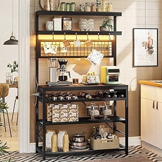 Itaar Bakers Rack with Power Outlet, 6-Tier Coffee Bar, Microwave Stand with Wine Rack, LED Lights and 10 Hooks, Bakers Racks for Kitchens with Storage, Black