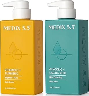 MEDIX 5.5 Exfoliating AHA Glycolic Acid Face & Body Scrub Cleanser + Vitamin C Moisturizing Body Cream Lotion Skin Care 2PC Set | Alpha Hydroxy Acid & Lactic Acid Foaming Body Wash & Face Wash, 2-PC