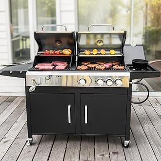 - 3 In 1 Gas and Charcoal Grill Combo with Side Burner, Porcelain-Enameled Cast Iron Grate, Extra Large Dual-Function BBQ Propane Grills for Outdoor Barbecue Cooking, 690 SQIN Cooking Area