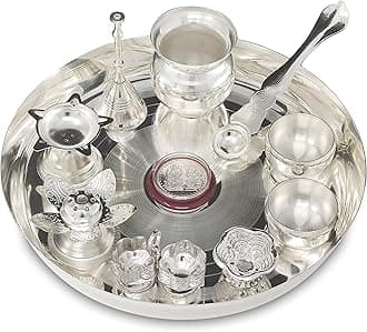 Silver Plated Pooja thali Set 8 Inch with Plate Kalash Bowl Agarbatti Stand Palli Diya Kumkum Stand Coin Puja Thali for Diwali Home Mandir Office Wedding Return Gift Items