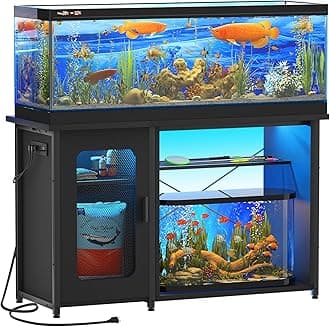 55-75 Gallon Fish Tank Stand with Power Outlets & LED Light, Reversible Heavy Duty Metal Aquarium Stand with Cabinet for Fish Tank Accessories Storage, Turtle/Reptile Terrariums, Black