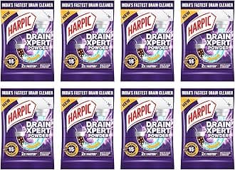 Harpic DrainXpert Drain Cleaner Powder Sachets (Pack of 8) | Removes Blockages in Pipes, Sinks & Septic Tanks| Works within 15 minutes | Melts Grease & Dissolves Hair,(8 Units *45g Each)360 g