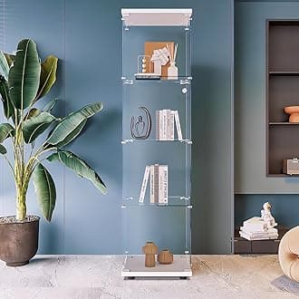 Beauty4U Glass Display Cabinet with 4 Shelves, Curio Cabinets for Living Room, Bedroom, Office, White Floor Standing Glass Bookshelf, Quick Installation