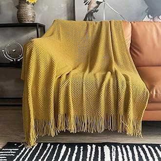 LOMAO Knitted Throw Blanket with Tassels Bubble Textured Lightweight Throws for Couch Cover Home Decor (Mustard Yellow, 50x60)
