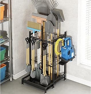 GILLAS Garden Tool Organizer for Garage, Utility Storage Racks with Hooks, Metal Yard Tool Stand Holder Organizer for Long-Handled, Broom, Shovel, Rake, Sturdy Heavy Rack for Outdoor, Yard, Black