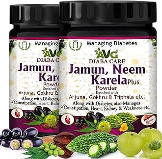 AVG Health Organics Diaba Care Karela Jamun Neem Powder 200gm each, Pack of 2 Diabetes Care Ayurvedic Supplement with Arjuna, Gokhru & Triphala, Helps in Relieving Constipation