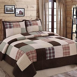 Cozy Line Home Fashions Hand Piecing Real Patchwork Brody Farmhouse Chocolate Plaid Striped Reversible Quilt Bedding Set, Coverlet Bedspread (Brown Grid, Queen - 3 Piece)