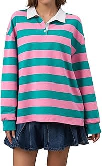 Rugby Shirt Women Polo Striped Sweatshirt Oversized Long Sleeve Lapel V Neck Pullover Top Y2K Streetwear Blouses